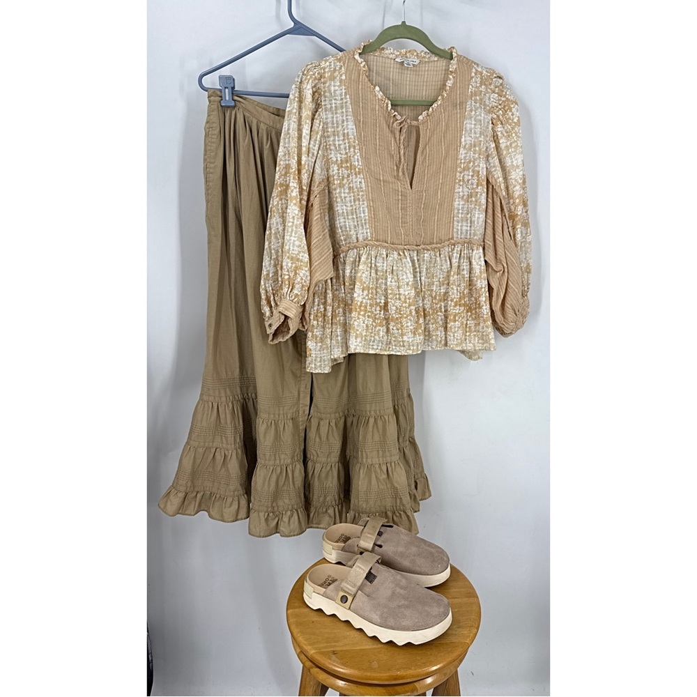 American Eagle cropped BoHo floral print wide sleeve Peblum Beige Blouse L - Picture 11 of 11